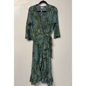 New Cienna Elsa Wrap Maxi Dress Silk Blend Bell Sleeve Green Gold Medium #44